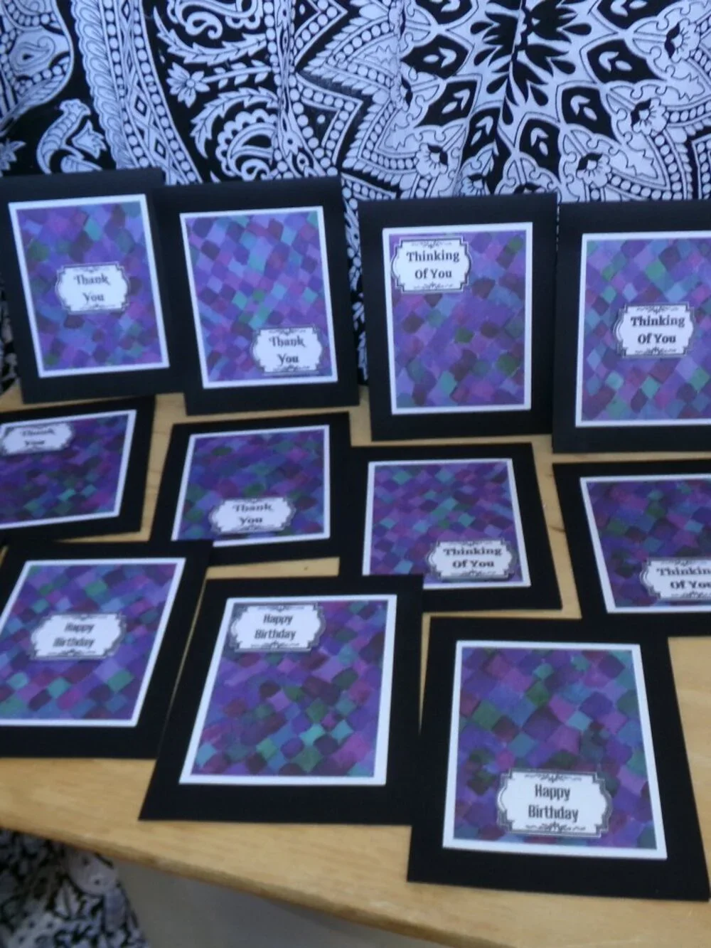 Set of 12 Black/Blue/Purple Notecards - Handmade